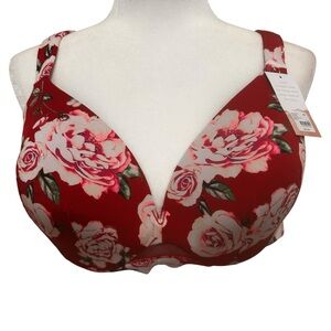 Cacique comfort bliss bra lightly lined plunge red floral print pink roses 44D